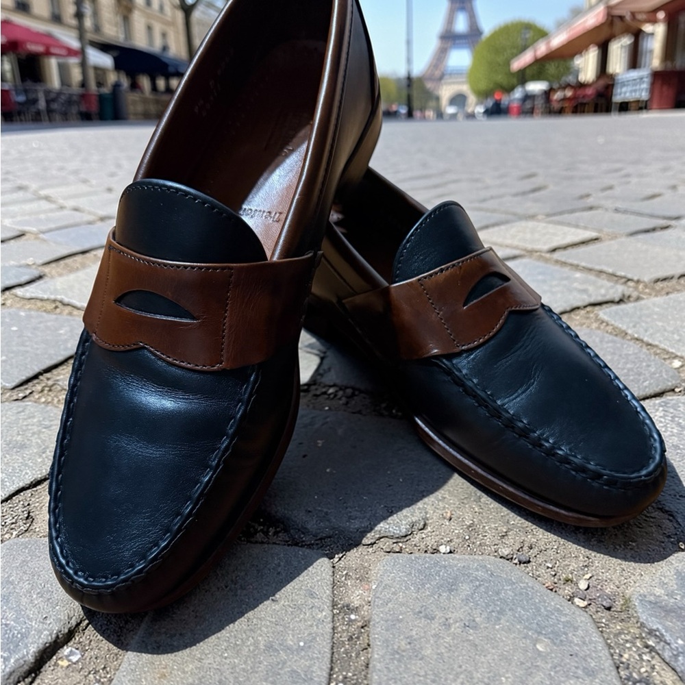 Allen Edmonds Black Leather Penny Loafers with Brown Saddle- Trenton